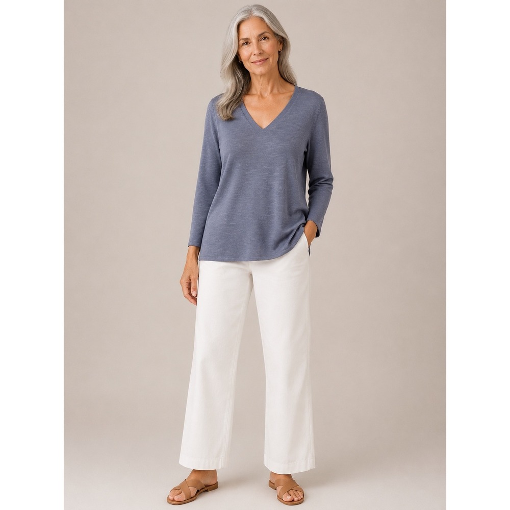 J. Jill Womens V-Neck Sweater Size S Petite Blue Cotton Linen Knit Pullover